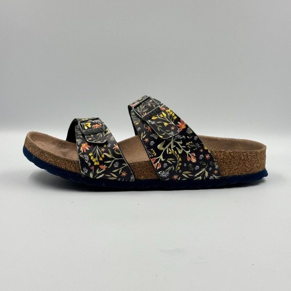 Birkenstock Womens 8 EU39 Navy Floral Arizona Vegan Dual Strap Cork Slides